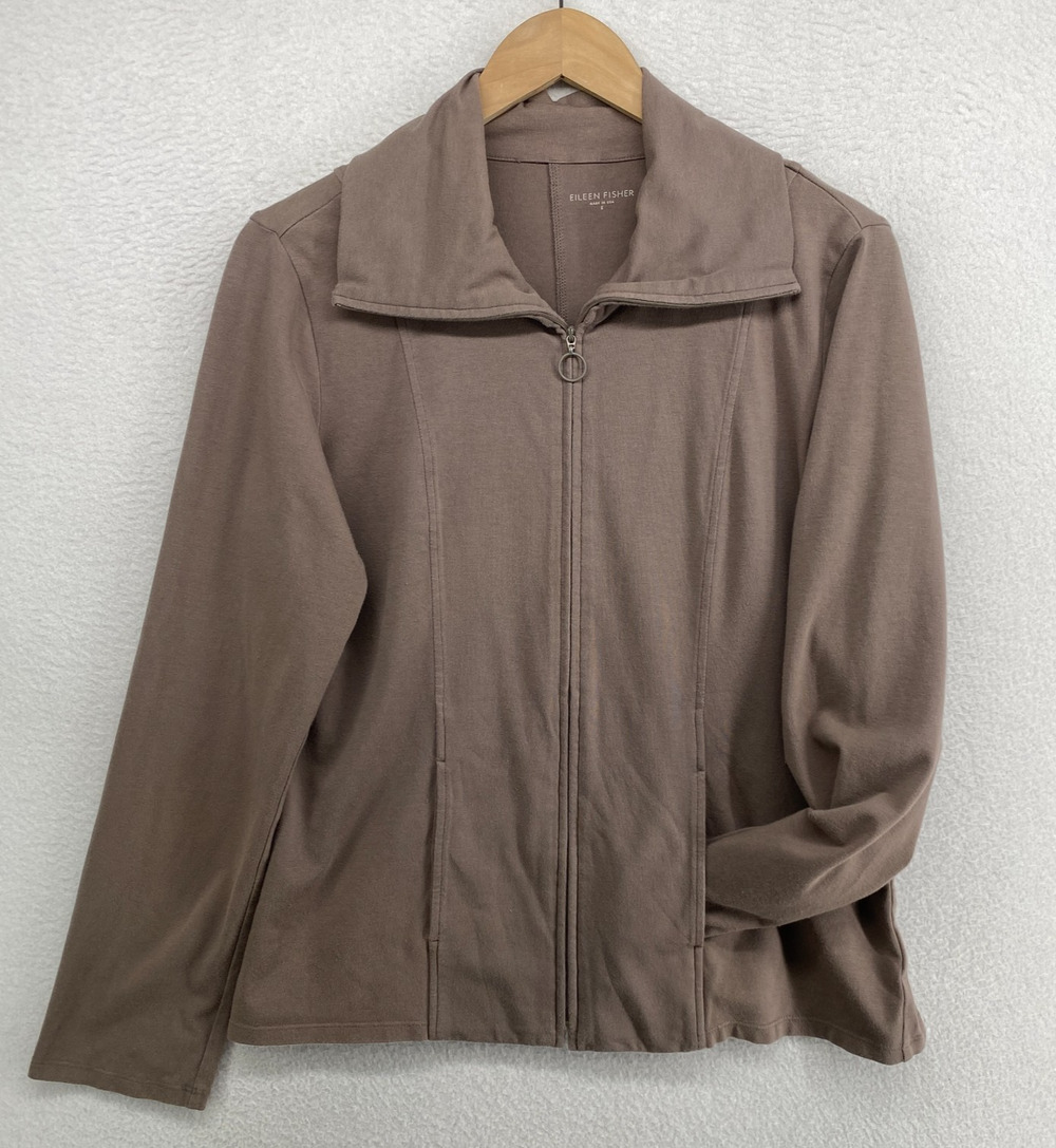 EILEEN FISHER Jacket S Organic Cotton Stretch Jersey Track Full Zip Brown USA